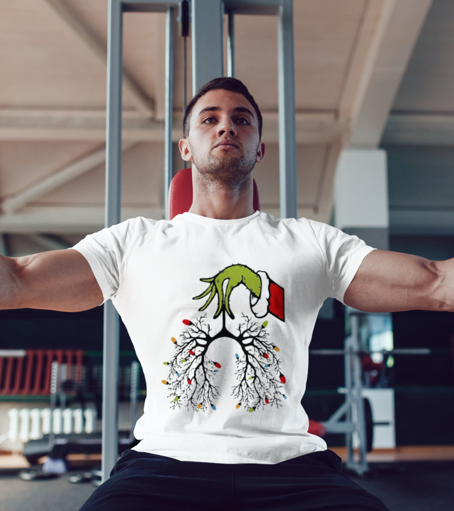 Christmas 2025 Nurse Lungs With Lights And Green Hand Santa Sleeve T-Shirt