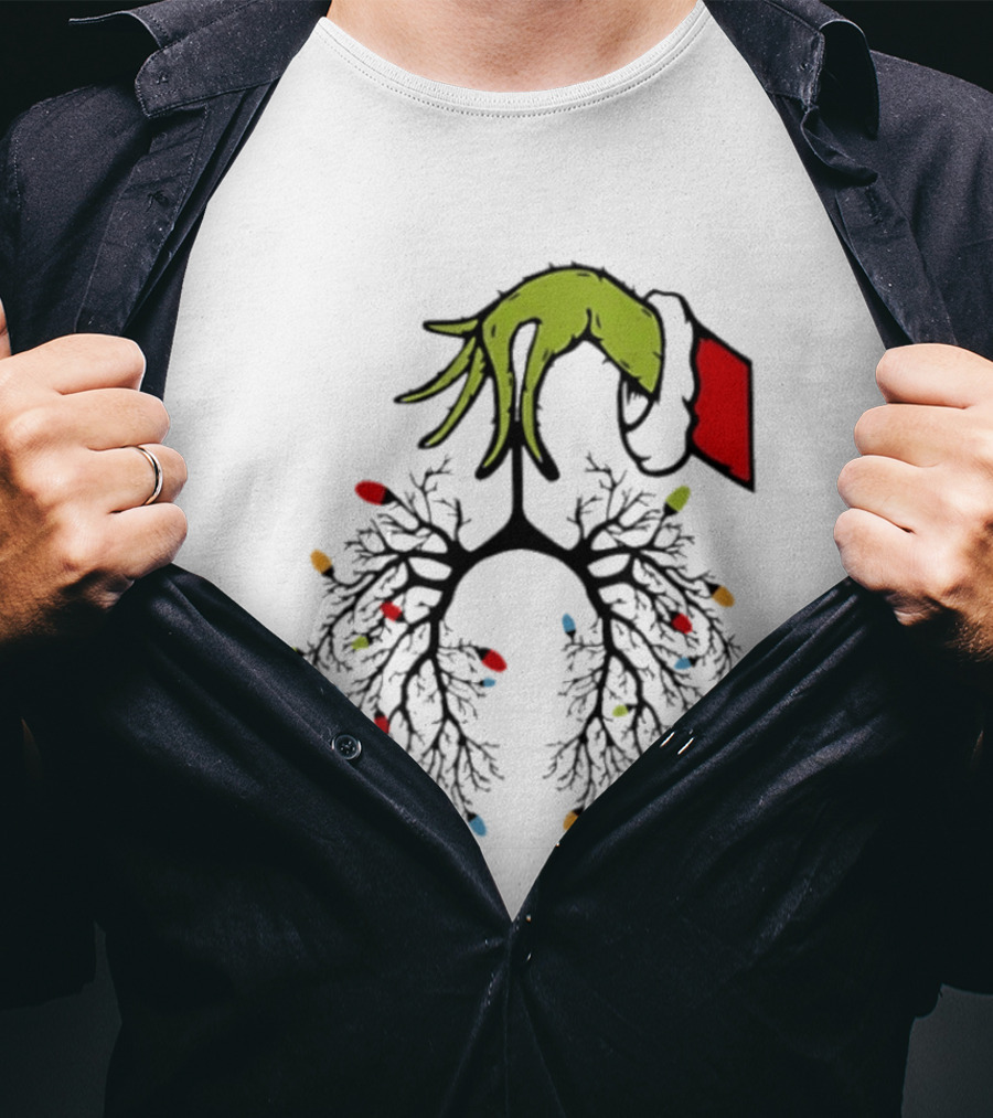 Christmas 2025 Nurse Lungs With Lights And Green Hand Santa Sleeve T-Shirt