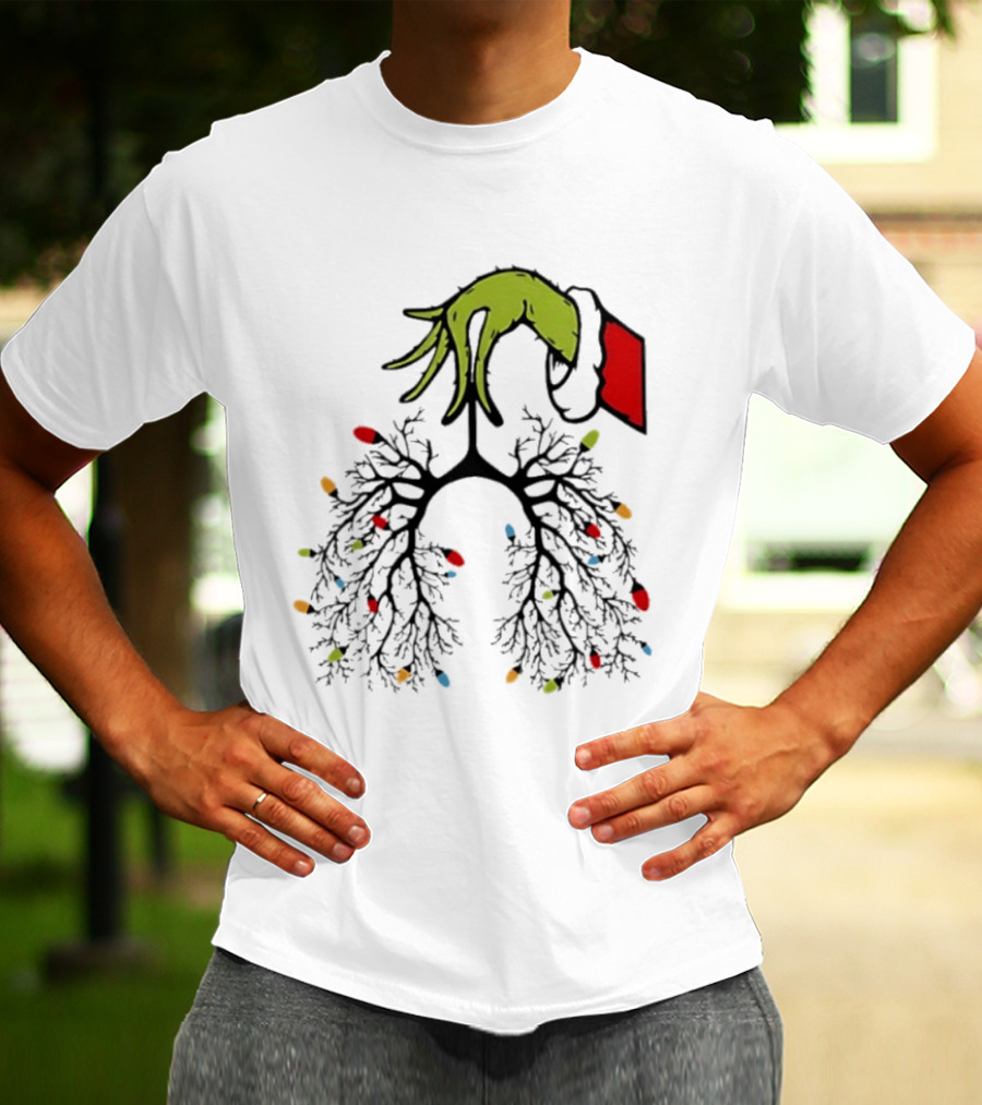 Christmas 2025 Nurse Lungs With Lights And Green Hand Santa Sleeve T-Shirt
