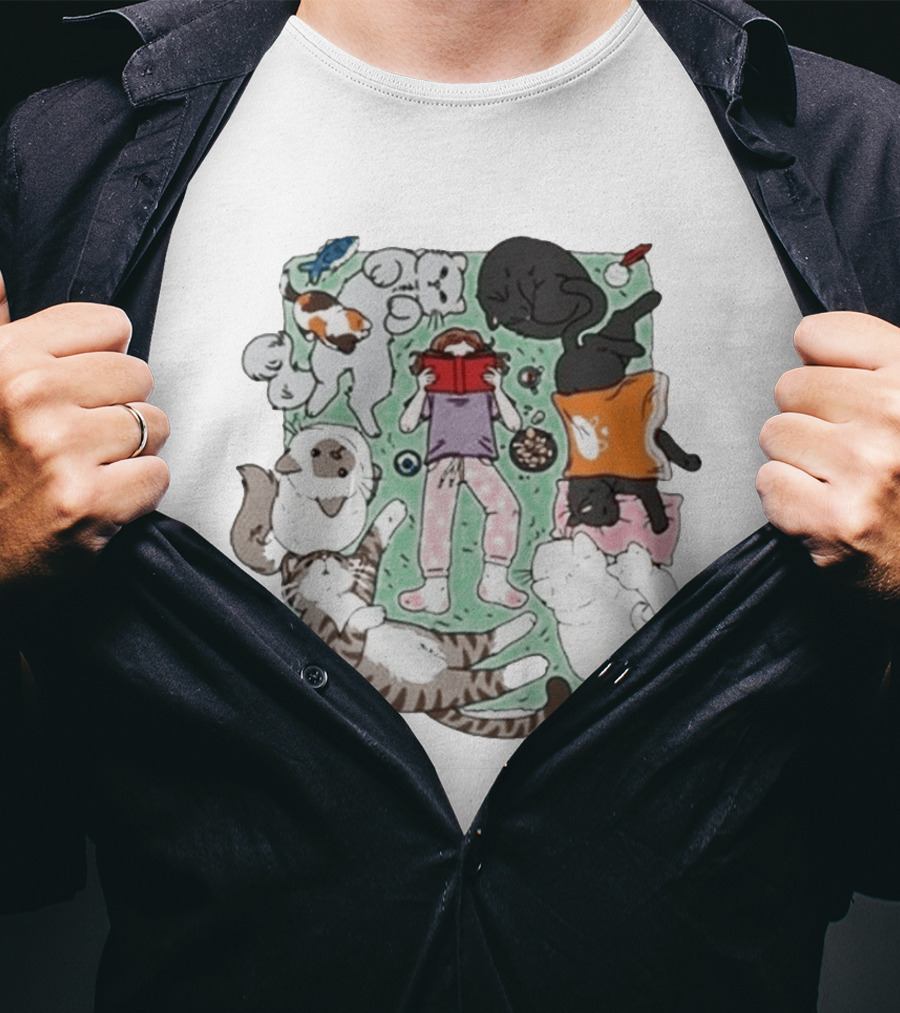 Lilsimsie Cozy Reading Party With Cats Playing And Lounging T-Shirt