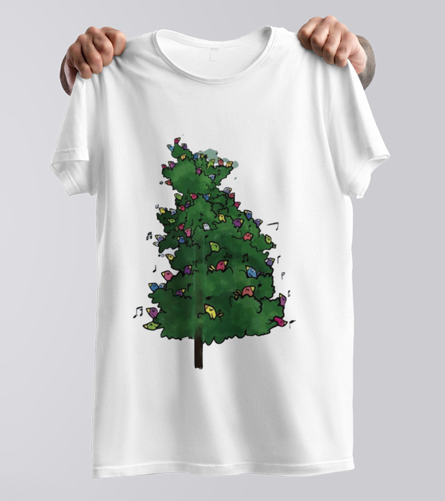 Colorful Singing Birds In Evergreen Tree With Musical Notes T-Shirt