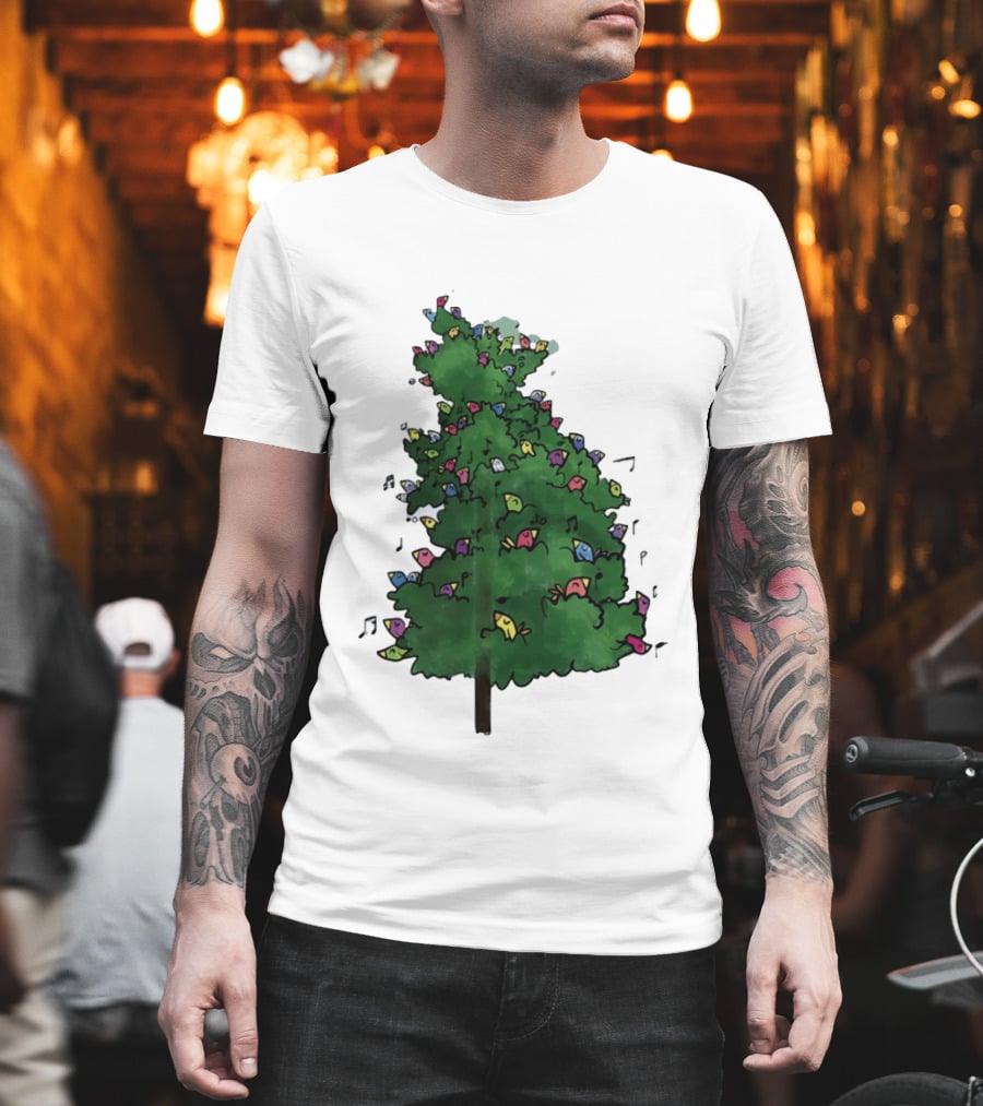 Colorful Singing Birds In Evergreen Tree With Musical Notes T-Shirt