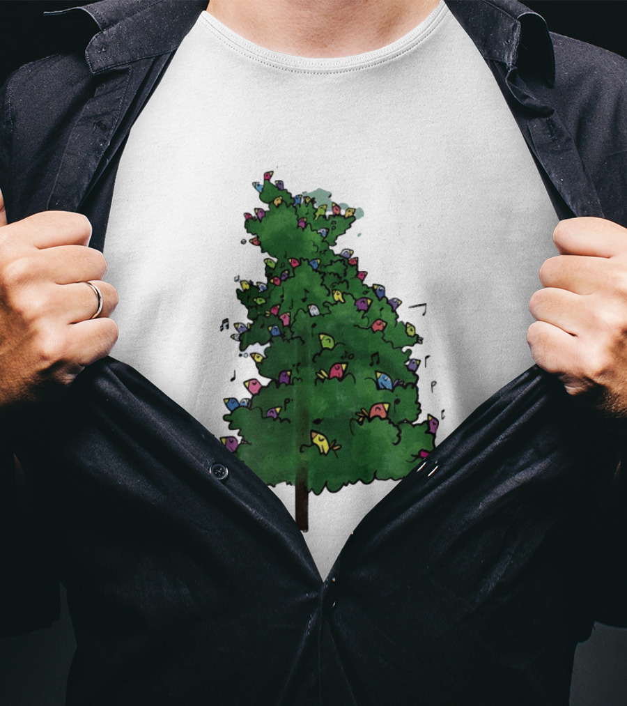 Colorful Singing Birds In Evergreen Tree With Musical Notes T-Shirt