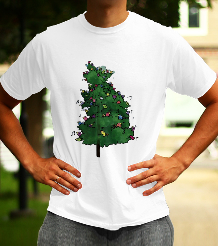 Colorful Singing Birds In Evergreen Tree With Musical Notes T-Shirt