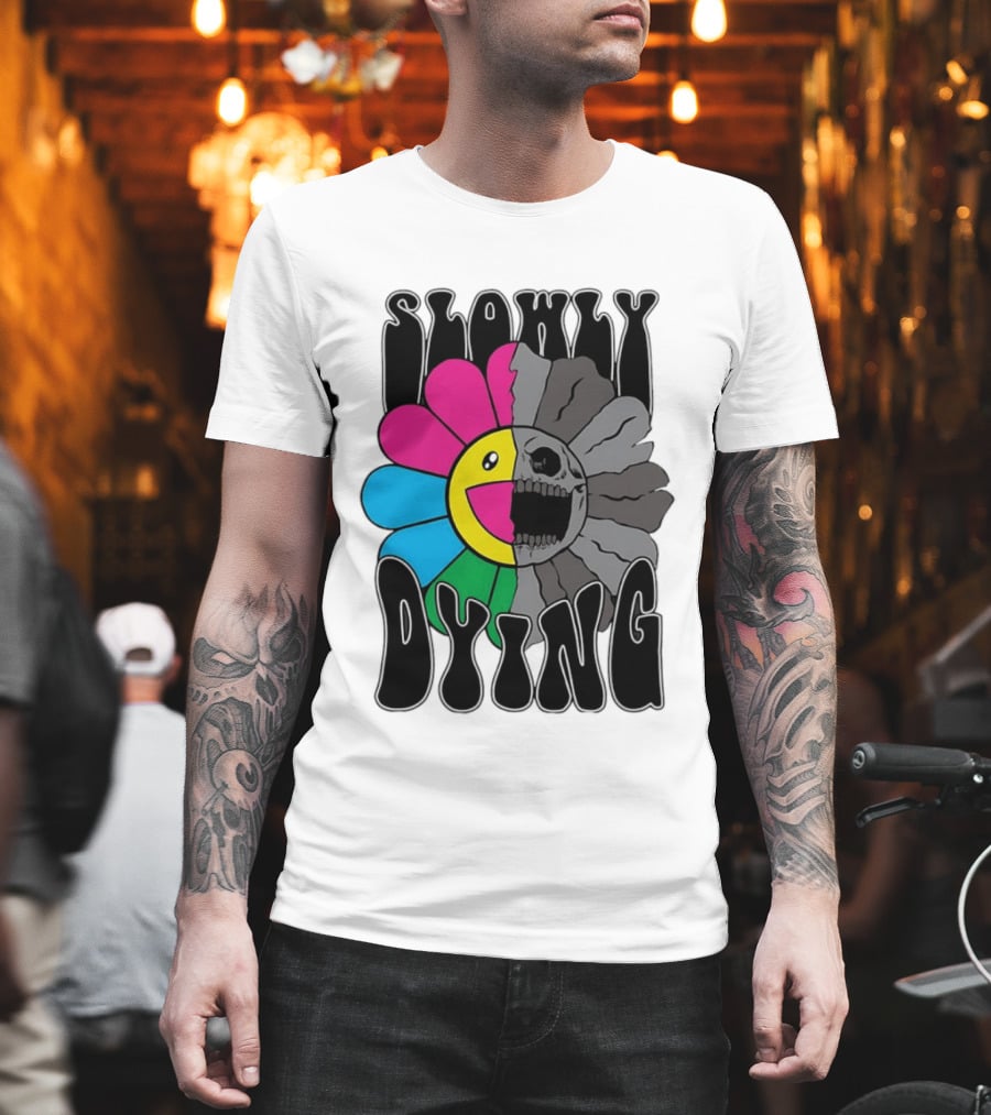 Slowly Dying Colorful Flower Skull Dark Half Happy Half Grim T-Shirt