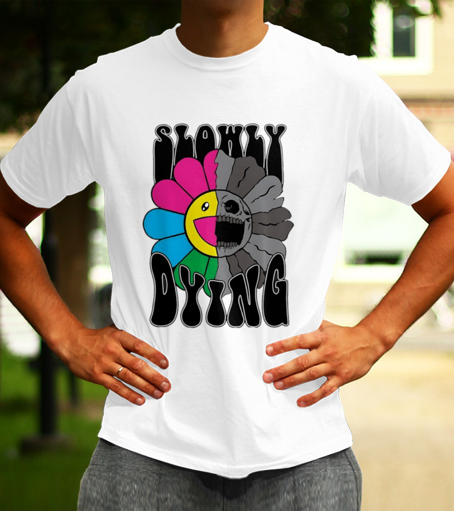Slowly Dying Colorful Flower Skull Dark Half Happy Half Grim T-Shirt