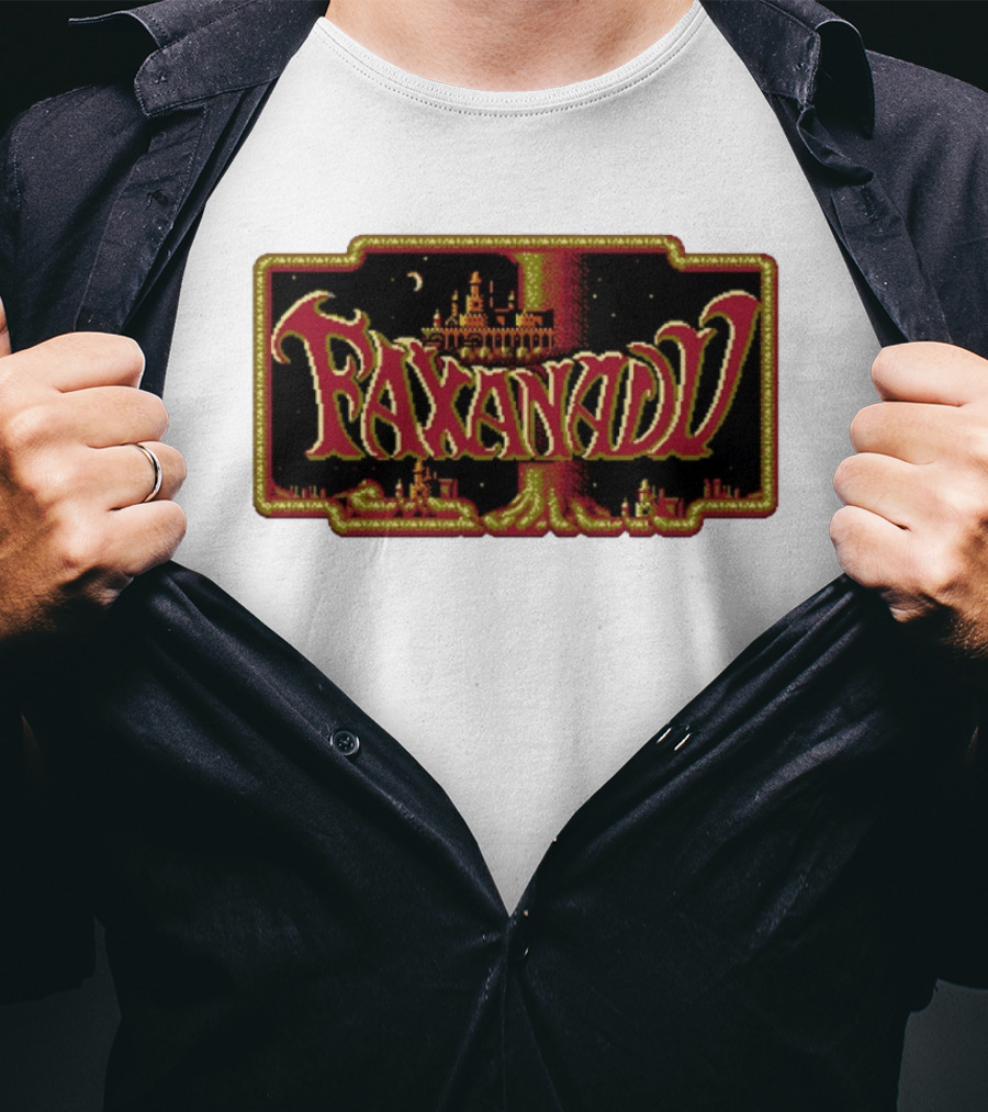Faxanadu Retro NES Game Pixel Art Castle Moon Night Scene T-Shirt
