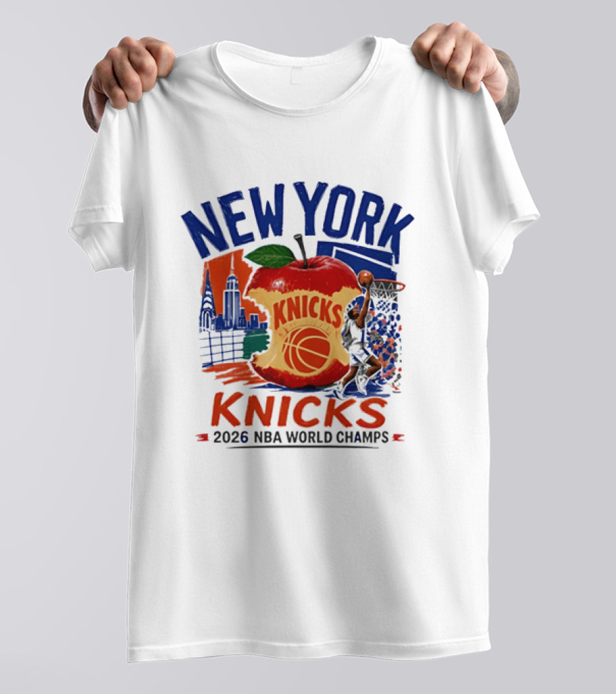 New York Knicks 2026 NBA World Champs Skyline Apple Basketball T-Shirt
