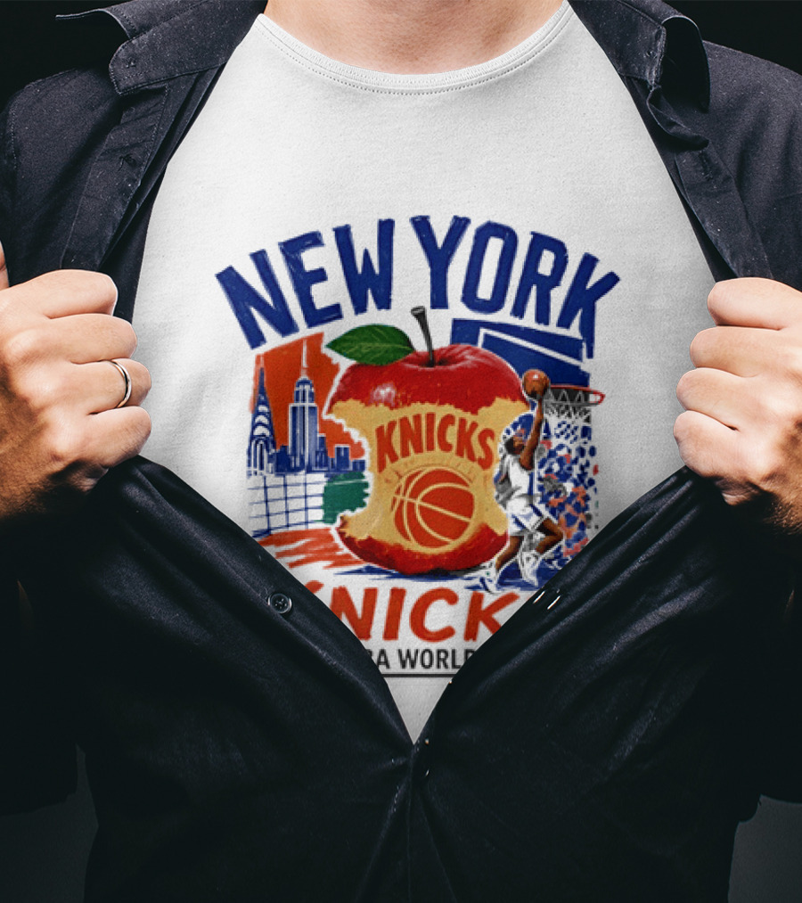 New York Knicks 2026 NBA World Champs Skyline Apple Basketball T-Shirt