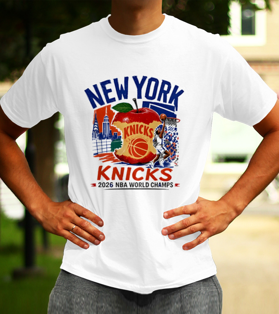 New York Knicks 2026 NBA World Champs Skyline Apple Basketball T-Shirt