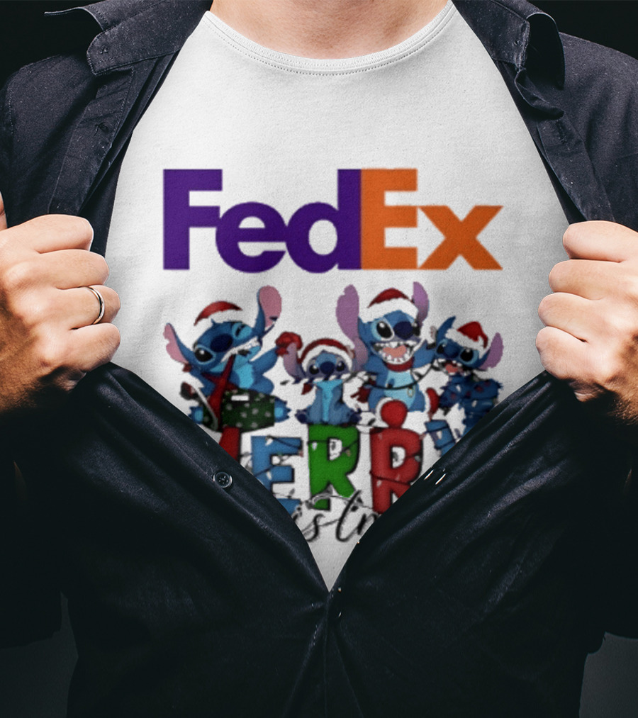 FedEx Stitch Merry Christmas 2025 Characters In Santa Hats T-Shirt