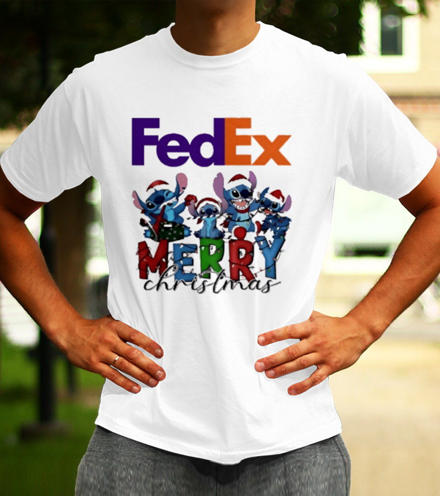 FedEx Stitch Merry Christmas 2025 Characters In Santa Hats T-Shirt