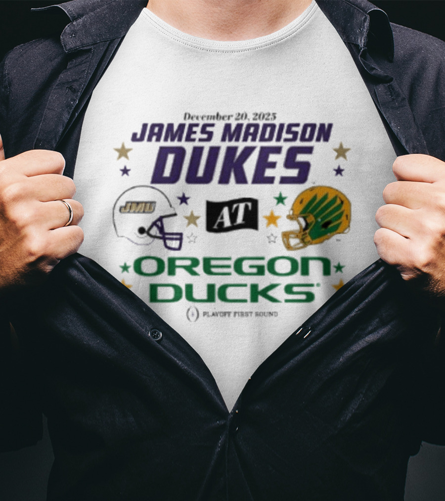 James Madison Dukes Vs Oregon Ducks December 20 2025 CFP Playoff First Round T-Shirt