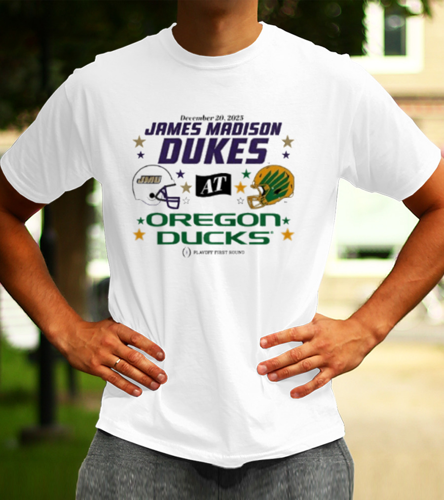 James Madison Dukes Vs Oregon Ducks December 20 2025 CFP Playoff First Round T-Shirt