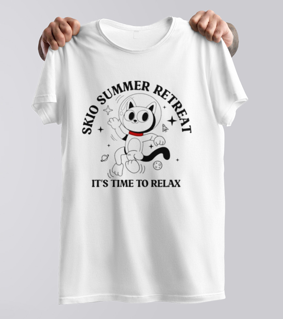Skio Summer Retreat It's Time To Relax Cat Astronaut Adventure T-Shirt