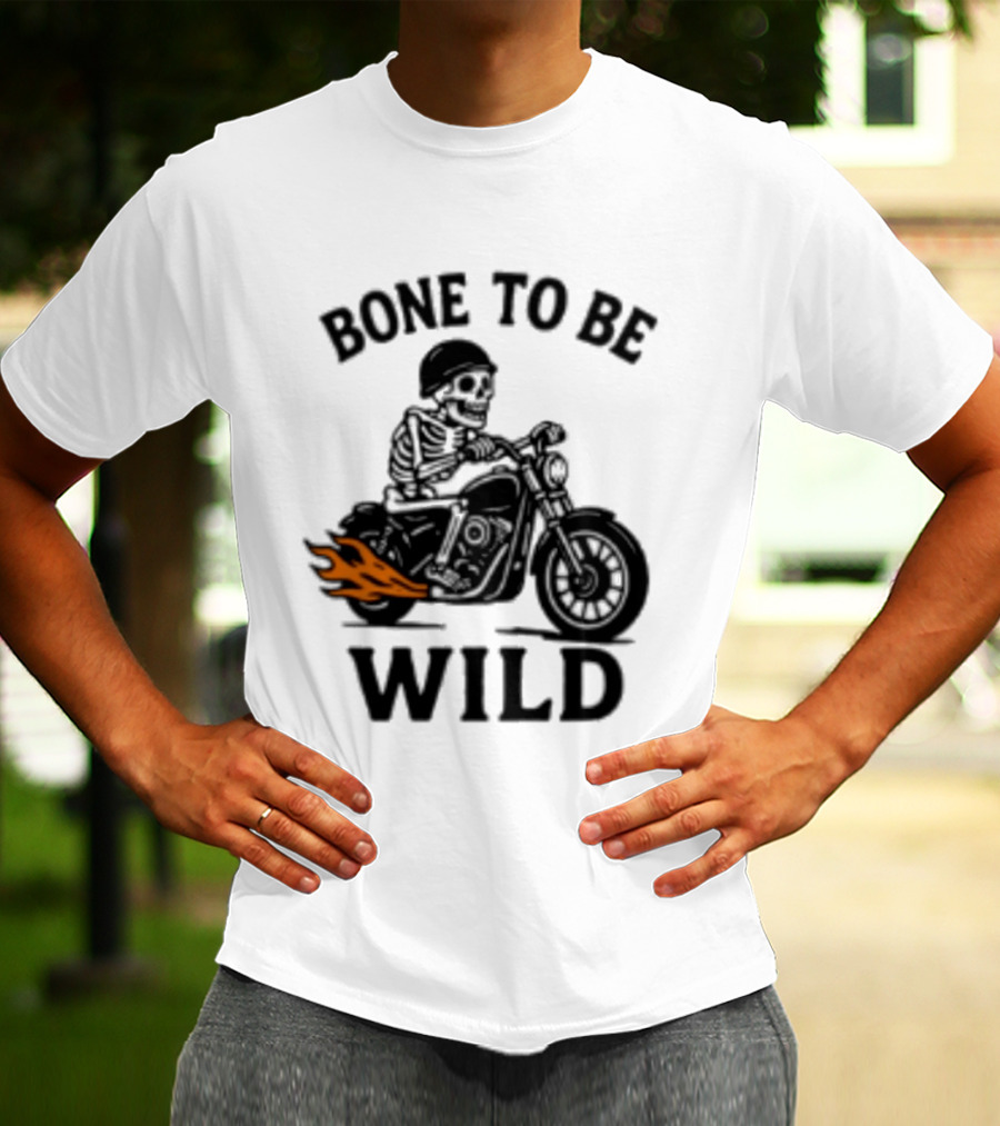 Bone To Be Wild Skeleton Motorcycle Rider Flames T-Shirt