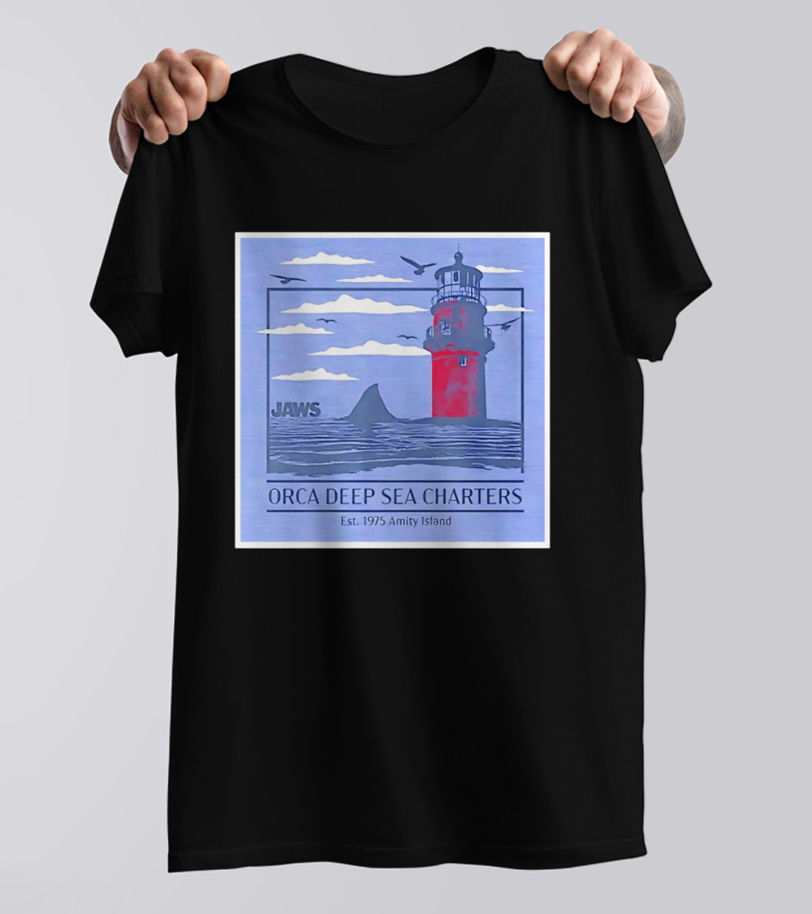 Jaws Orca Deep Sea Charters 1975 Amity Island Lighthouse Ocean Adventure T-Shirt