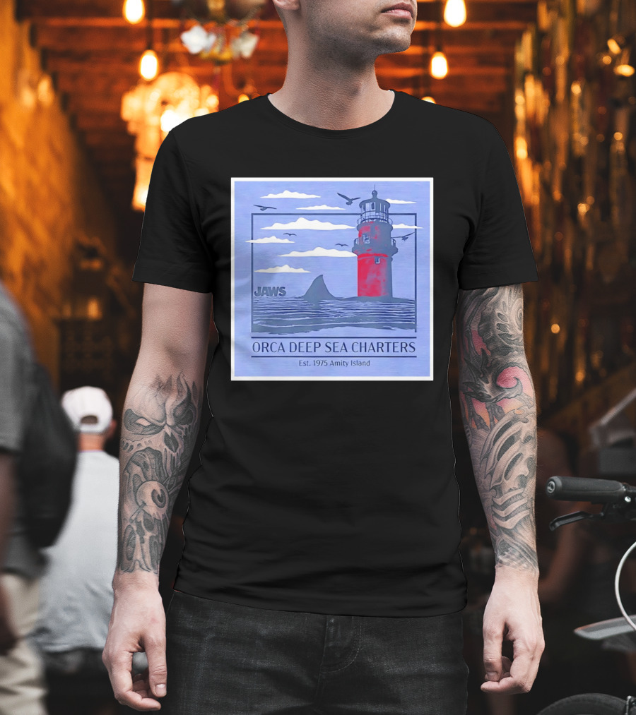 Jaws Orca Deep Sea Charters 1975 Amity Island Lighthouse Ocean Adventure T-Shirt