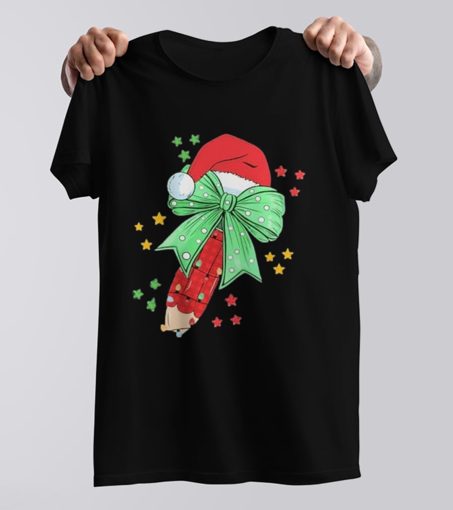 Christmas Elf Pen Candy Cane With Green Bow And Santa Hat T-Shirt