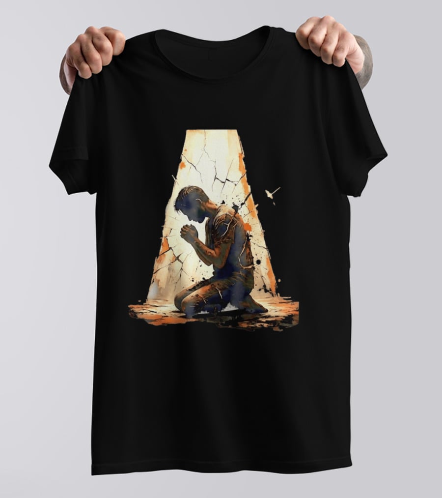 Man Kneeling In Prayer Spiritual Faith Devotion Cracked Wall And Light T-Shirt