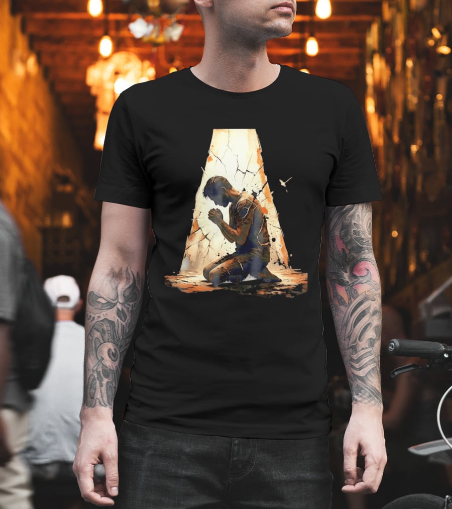 Man Kneeling In Prayer Spiritual Faith Devotion Cracked Wall And Light T-Shirt