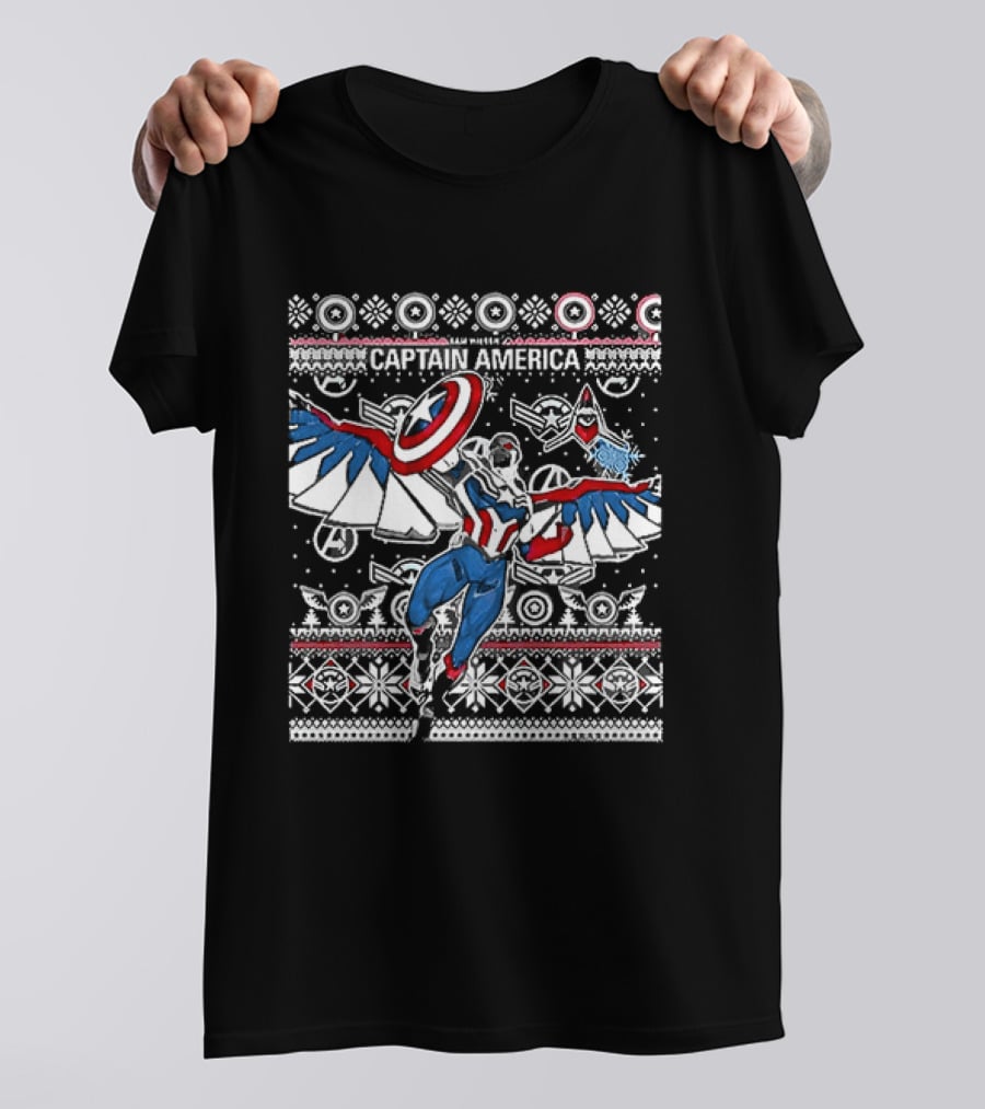 Marvel Captain America Sam Wilson Christmas Sweater Style Festive Holiday T-Shirt