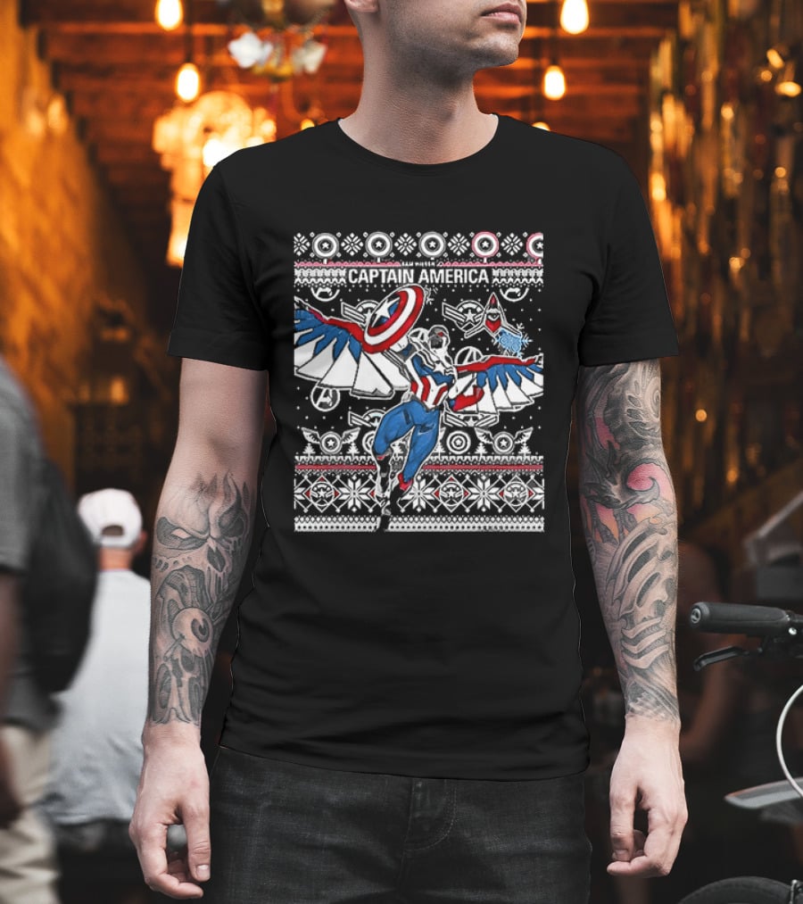 Marvel Captain America Sam Wilson Christmas Sweater Style Festive Holiday T-Shirt