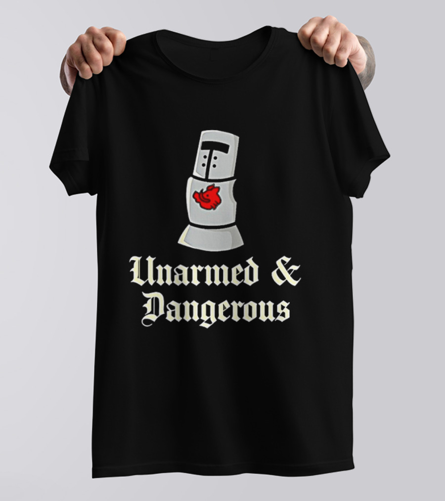 Unarmed And Dangerous Classic Medieval Helmet With Red Mark T-Shirt