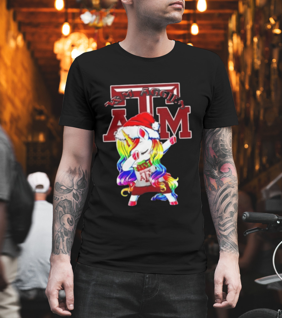 Texas Am Aggies Unicorn Dabbing Santa Hat Merry Christmas T-Shirt