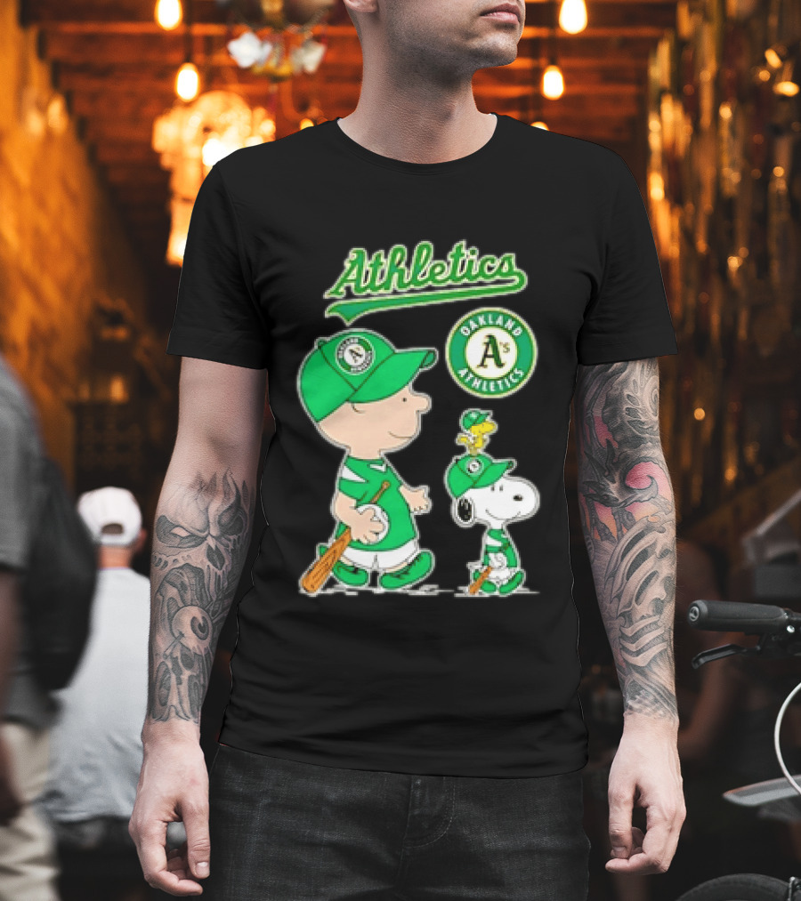 Oakland Athletics MLB Charlie Brown Snoopy Woodstock Baseball Peanuts Characters T-Shirt