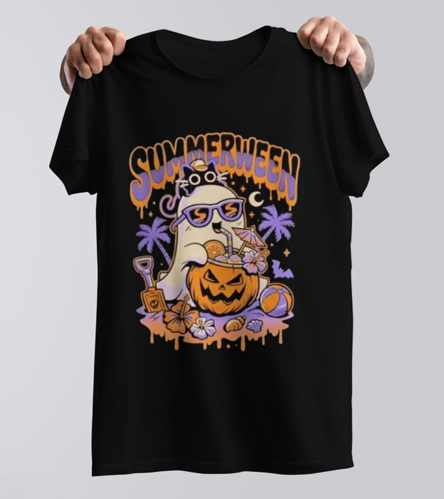 Summerween Cartoon Ghost Sunglasses Drinking Pumpkin Beach Vibes T-Shirt