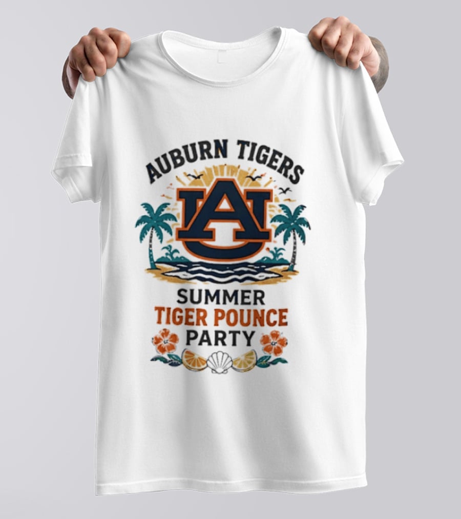 Auburn Tigers Summer Tiger Pounce Party Tropical Beach Scene T-Shirt