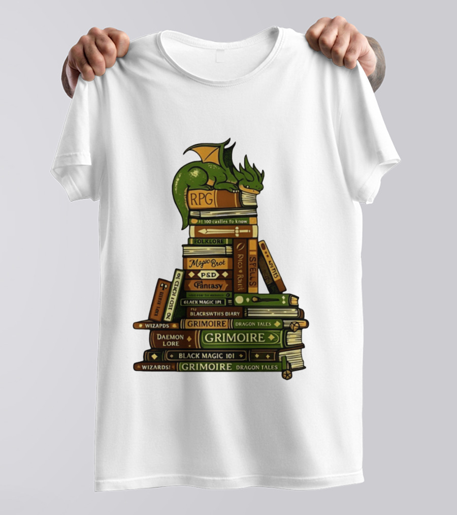 Dragon Resting On RPG Fantasy Grimoire Magic Books Stack T-Shirt