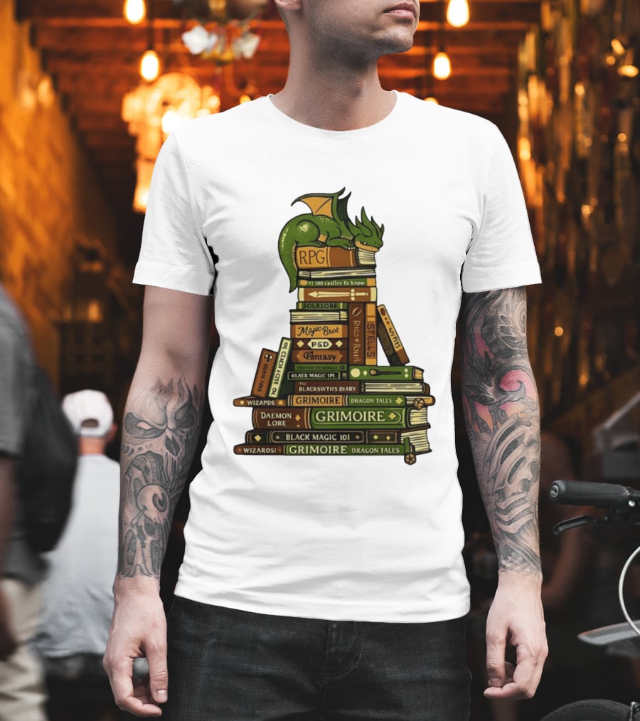 Dragon Resting On RPG Fantasy Grimoire Magic Books Stack T-Shirt
