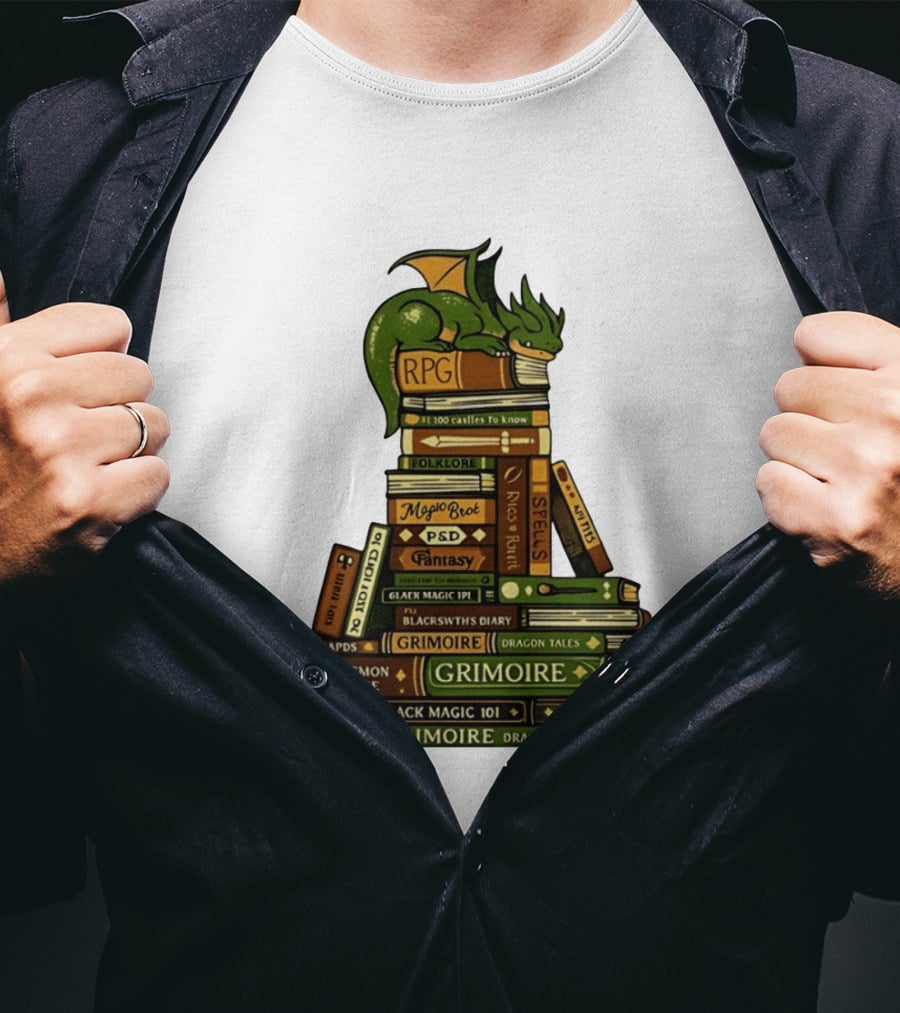 Dragon Resting On RPG Fantasy Grimoire Magic Books Stack T-Shirt