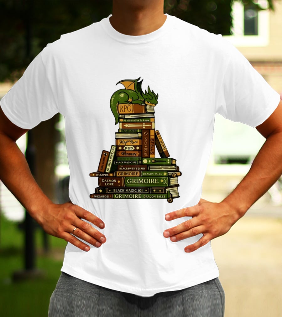 Dragon Resting On RPG Fantasy Grimoire Magic Books Stack T-Shirt
