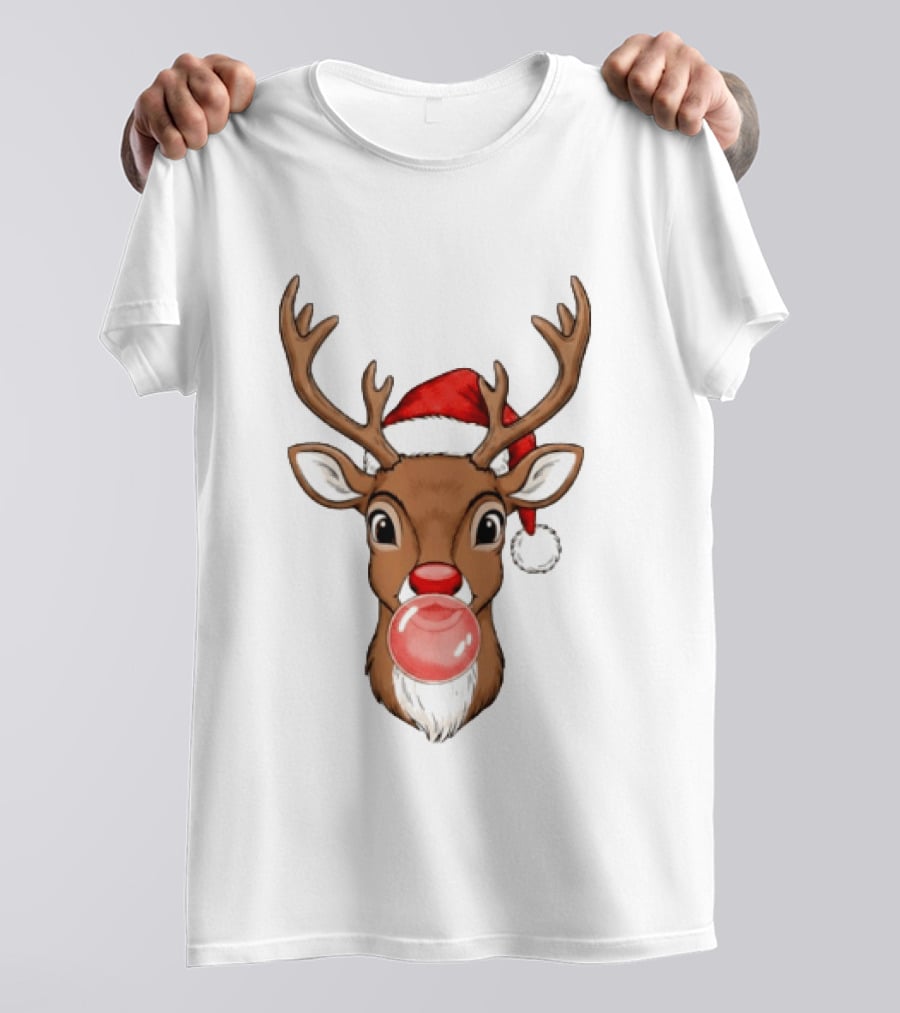 Merry Christmas Reindeer Santa Hat Bubble Gum Red Nose T-Shirt