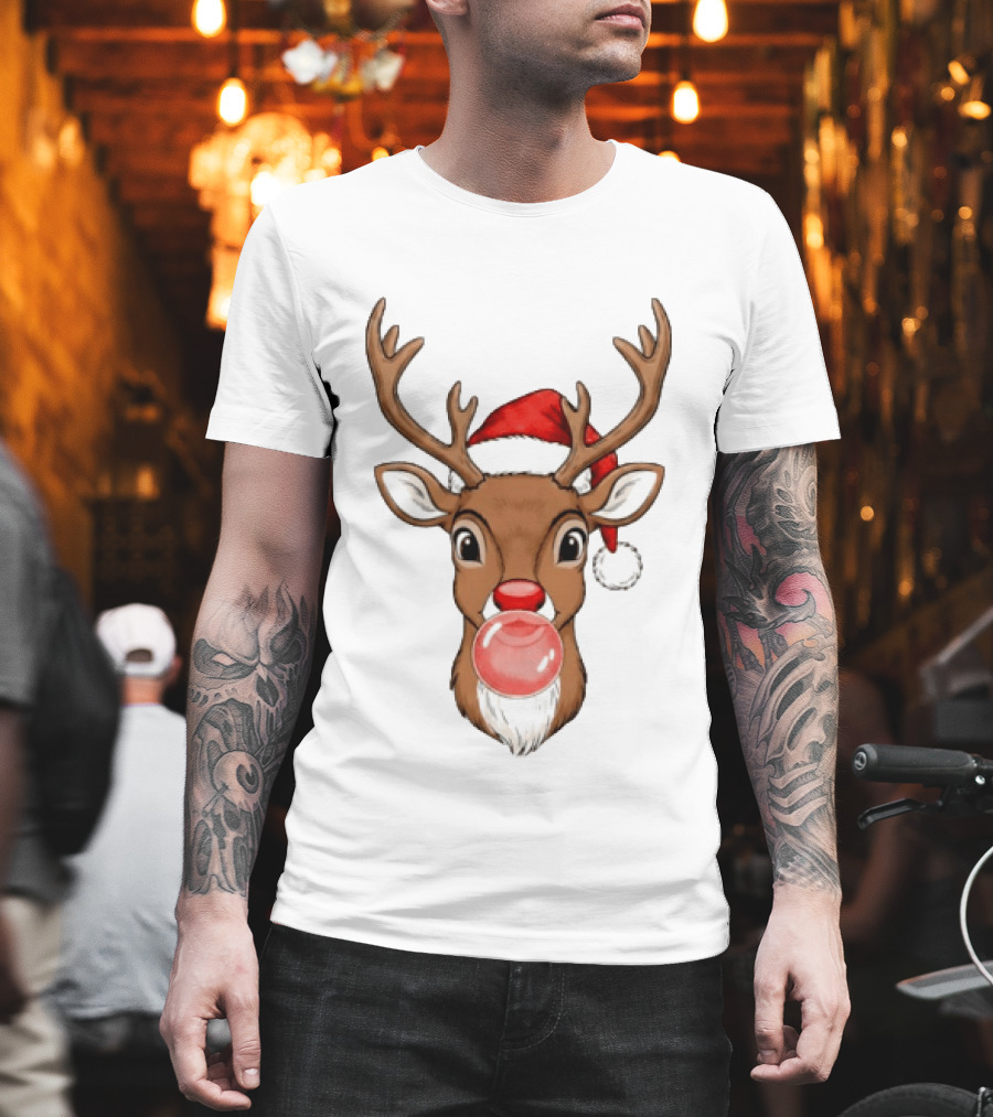 Merry Christmas Reindeer Santa Hat Bubble Gum Red Nose T-Shirt