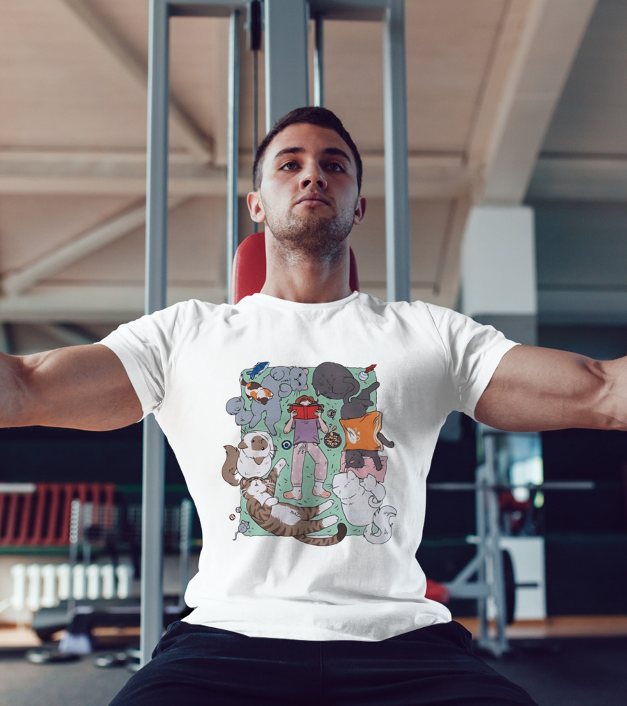 Girl Reading A Book With Cats Around Her Cat Lover T-Shirt