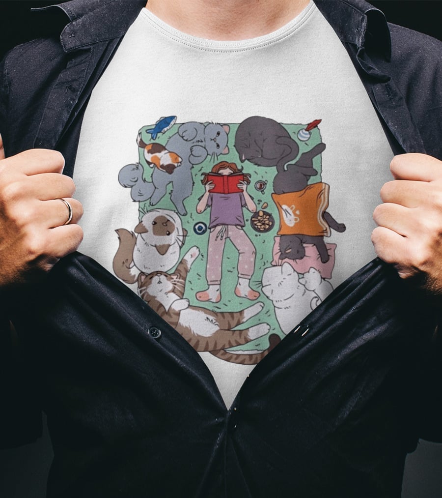 Girl Reading A Book With Cats Around Her Cat Lover T-Shirt