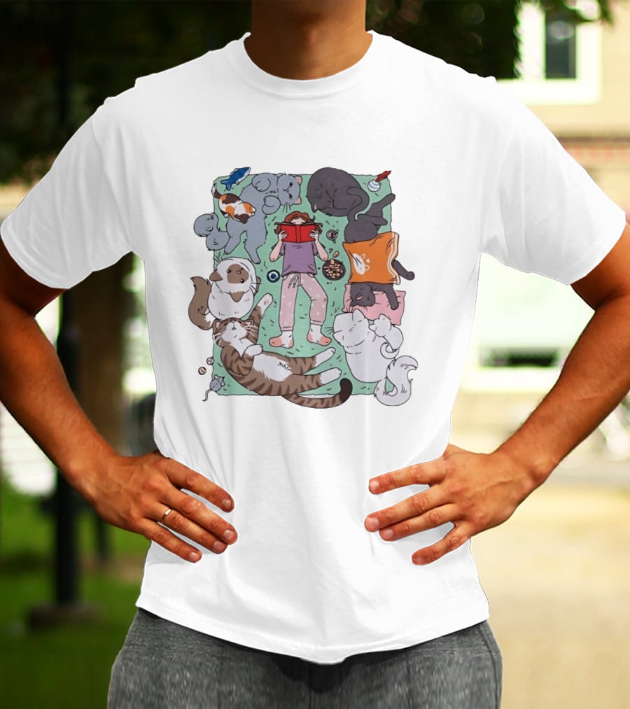 Girl Reading A Book With Cats Around Her Cat Lover T-Shirt