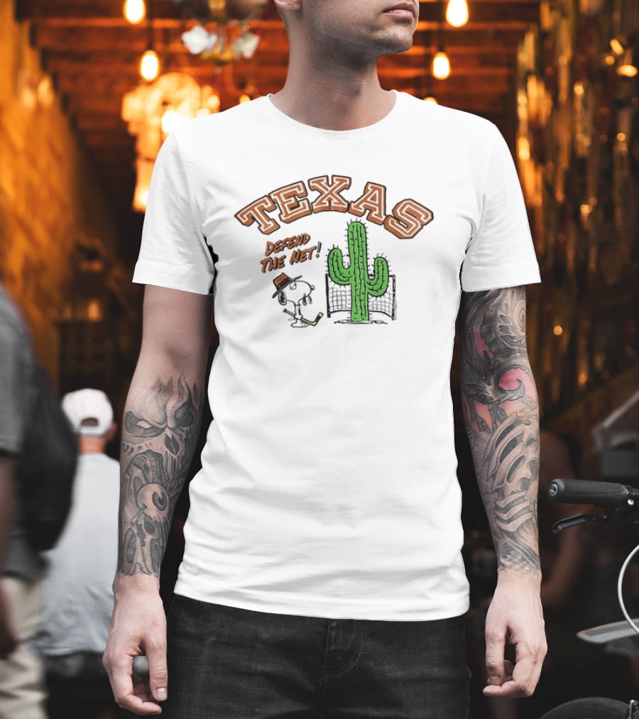 Texas Peanuts Snoopy Defend The Net Hockey Cactus T-Shirt