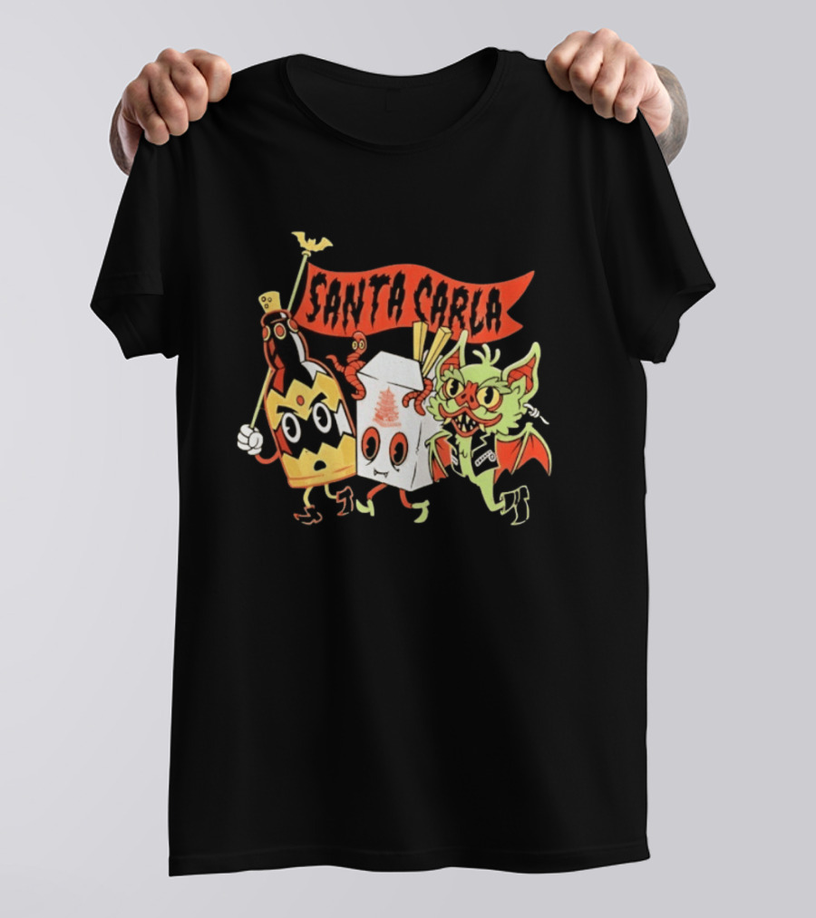Santa Carla Cartoon Vampire Characters And Food Box With Flag T-Shirt