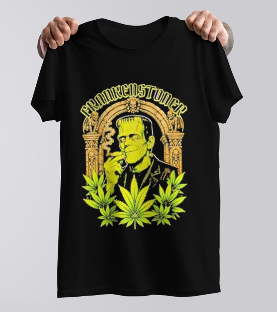 Frankenstoner Frankenstein Marijuana Smoking Arch Skulls T-Shirt