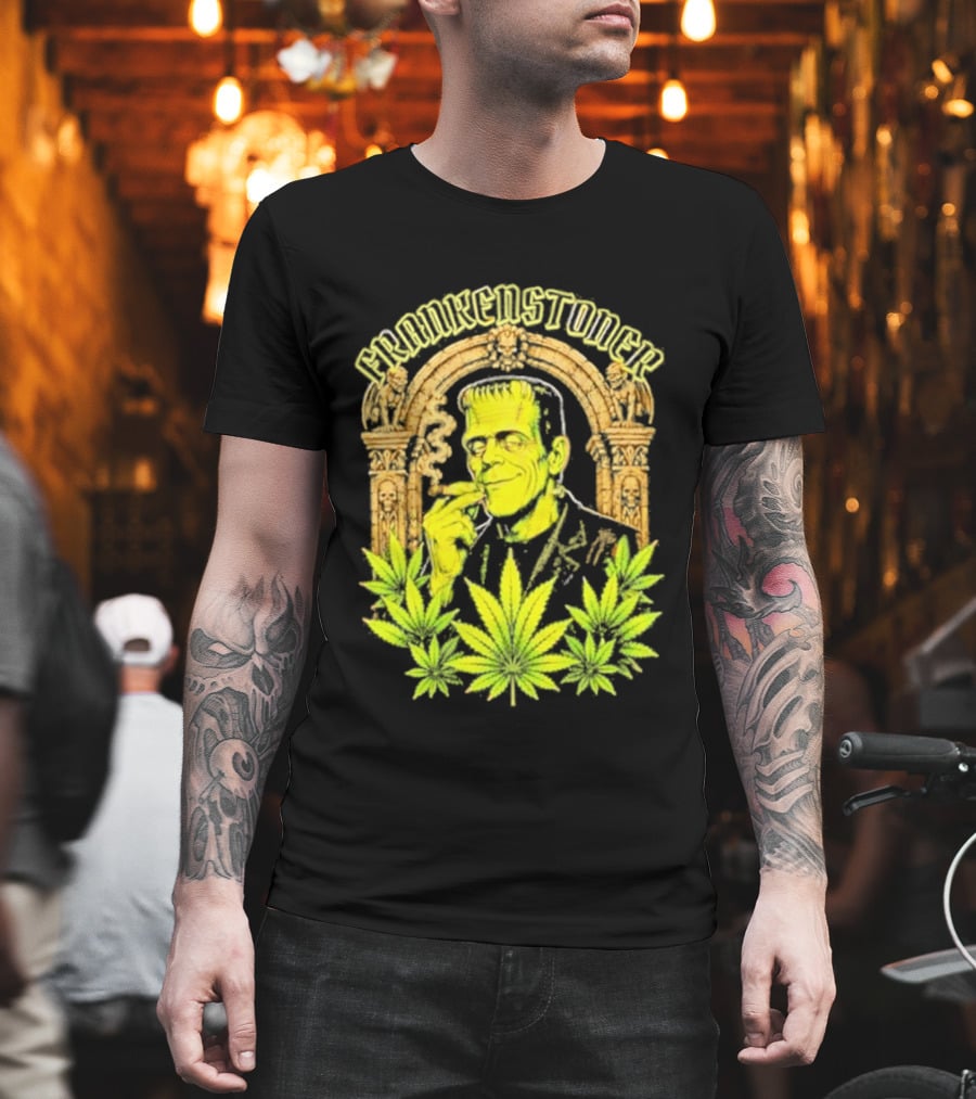 Frankenstoner Frankenstein Marijuana Smoking Arch Skulls T-Shirt
