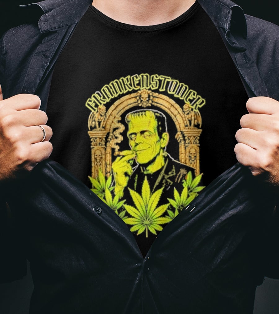 Frankenstoner Frankenstein Marijuana Smoking Arch Skulls T-Shirt