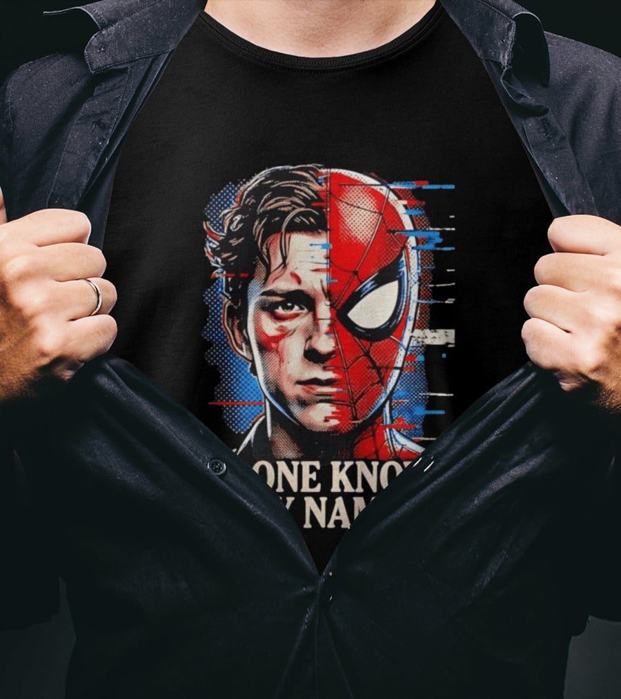 Tom Holland Spider Man No One Knows My Name Split Face Comic T-Shirt