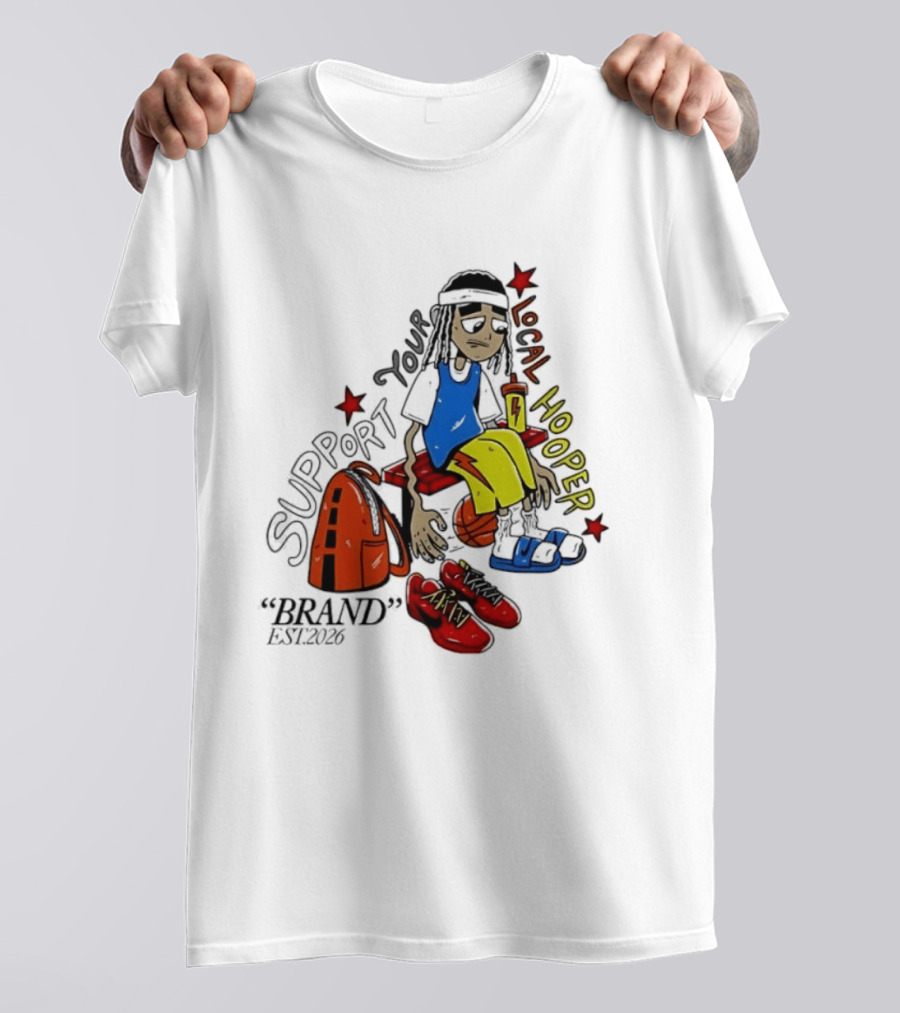 Support Your Local Hooper Cartoon Basketball Player Backpack Red Shoes Brand Est 2026 T-Shirt