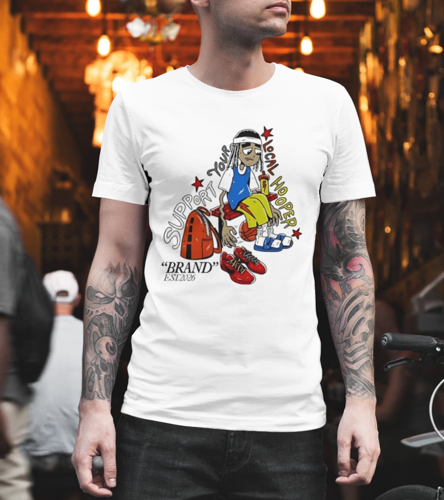 Support Your Local Hooper Cartoon Basketball Player Backpack Red Shoes Brand Est 2026 T-Shirt