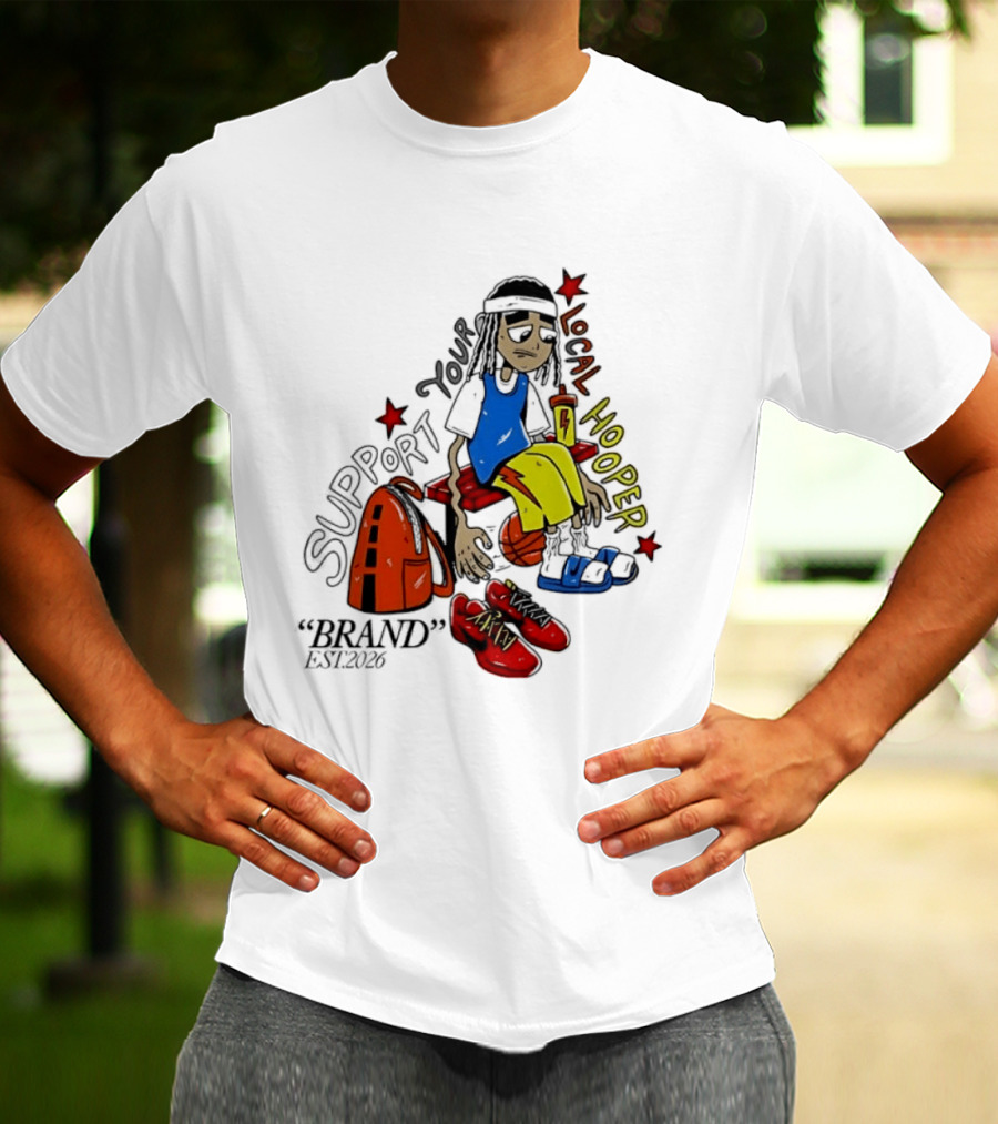 Support Your Local Hooper Cartoon Basketball Player Backpack Red Shoes Brand Est 2026 T-Shirt